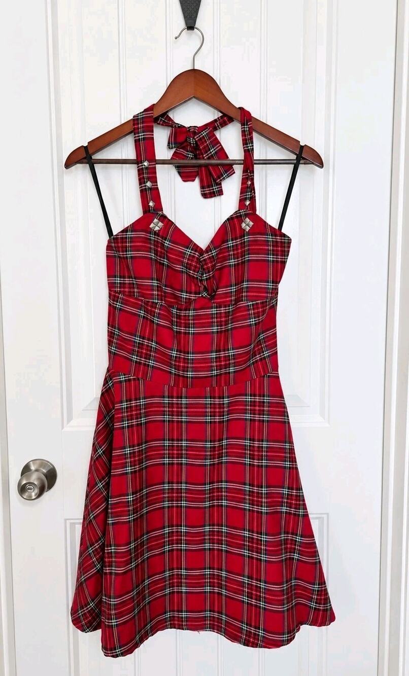 Jawbreaker Folter Style Red Plaid Tartan Halter Dress Studded Punk Goth Small S